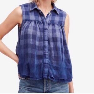 Free People blue gingham check sleeveless button down tunic size XS